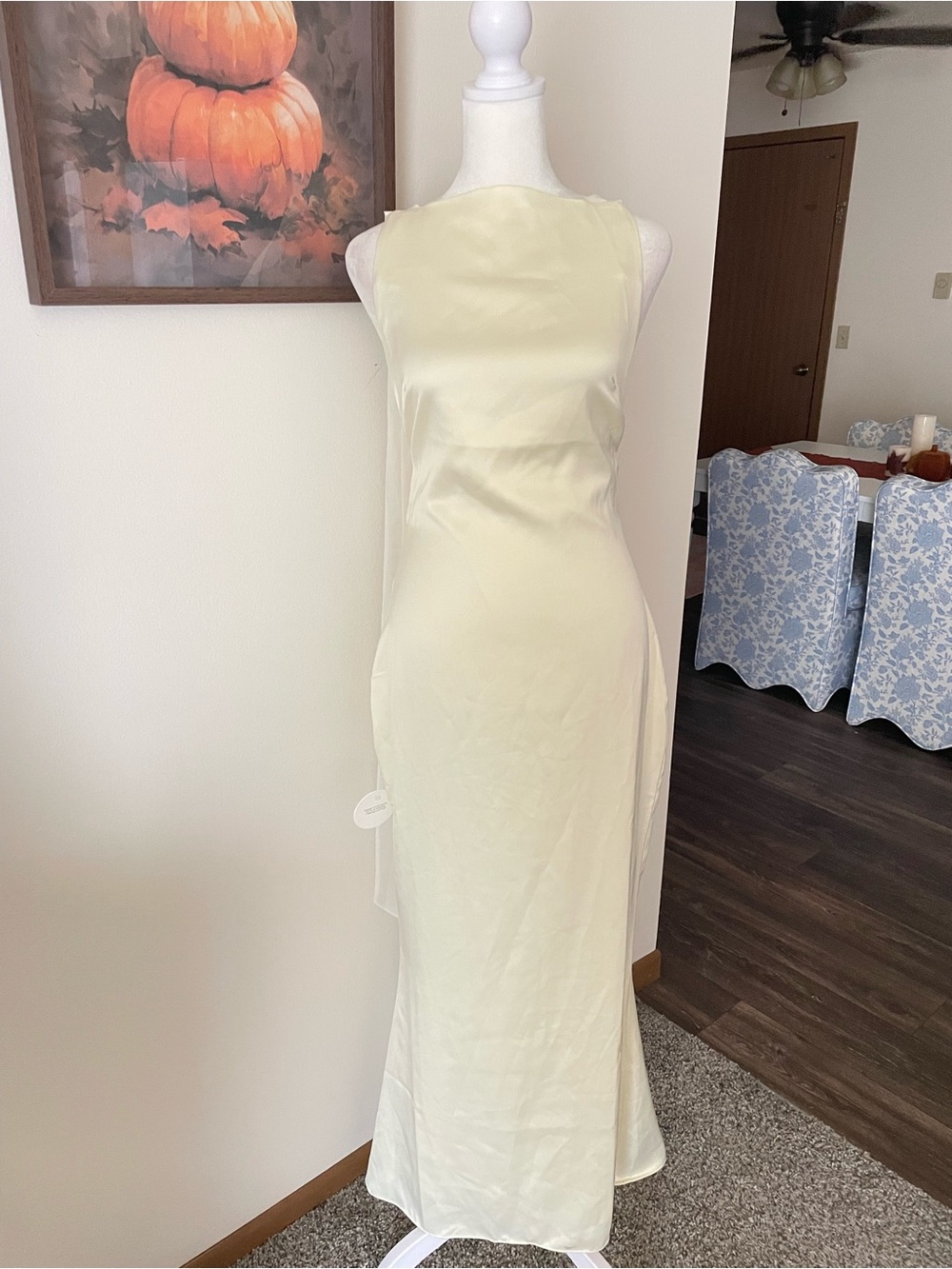 Studio LEXI Audrey High Neck Scarf Georgette Gown Dress Butter Cream US 4 Hemmed - Picture 4 of 11